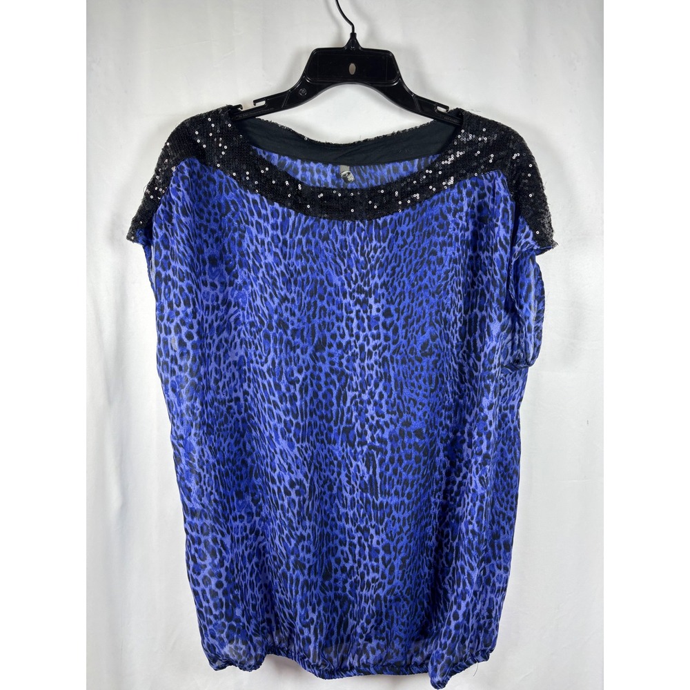 Charlotte Russe Blue Leopard Print Sequin Trim Bubble‎ Hem Blouse Large.